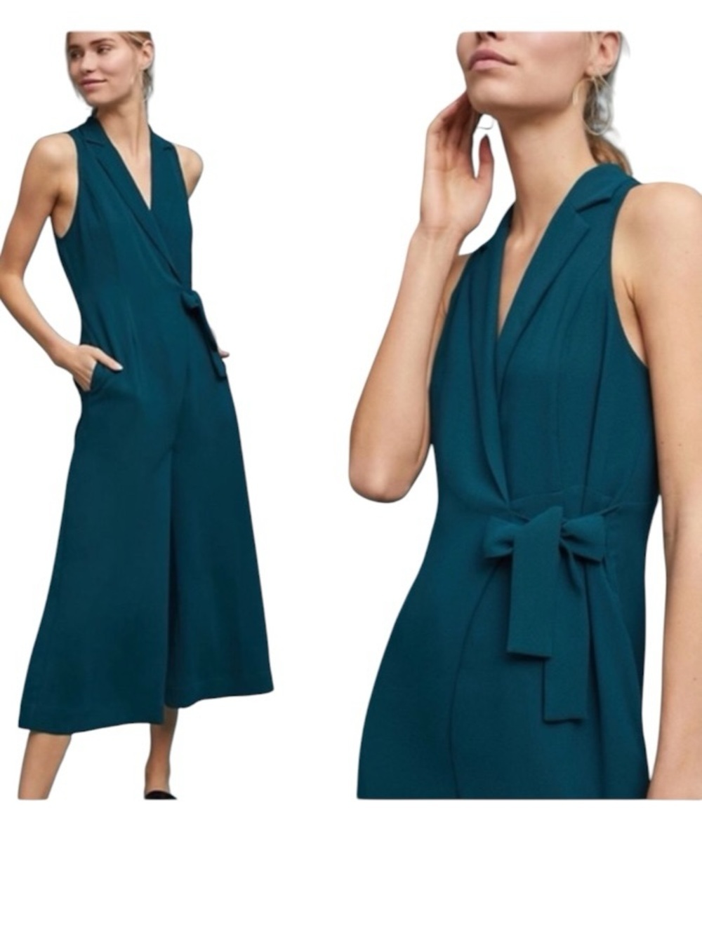 Anthropologie Maeve Seymour Tie Waist Wrap Jumpsuit Teal Green Size 0
